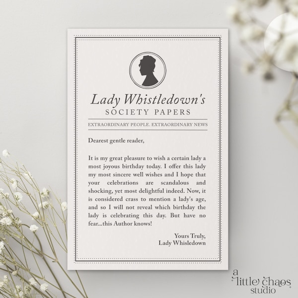 Lady Whistledown Birthday Card | Bridgerton Birthday Card | Society Papers Inspired | Personalized Birthday Card For Her