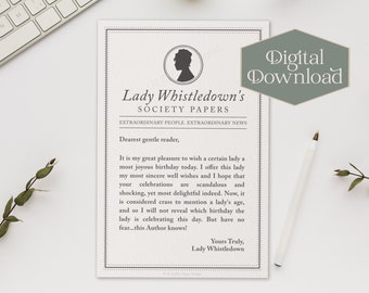 Instant Download | Lady Whistledown Birthday Card | Printable Bridgerton Birthday Card | Society Papers | Digital Birthday Card For Her