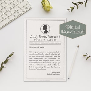 Sofortdownload | Lady Whistledown Geburtstagskarte | Bridgerton Geburtstagskarte zum ausdrucken | Gesellschaft Papiere | Digitale Geburtstagskarte für Sie