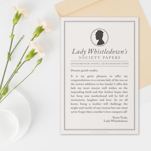 Lady Whistledown Baby Shower Card | Afdrukbare Bridgerton-babykaart | Direct downloaden | Verenigingspapieren | Nieuwe moeder | Zwangerschap