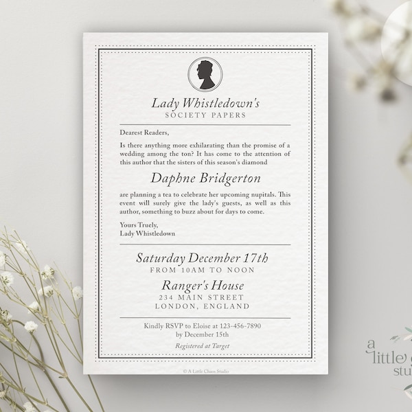 Bridgerton Invitation | Lady Whistledown Society Papers Inspired | Hassle-Free Custom Design | Printable Invite | Bridal Shower | Birthday