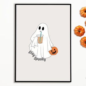 Cute Coffee Ghost Wall Art | Stay Spooky Poster | Halloween Printable | Coffee Bar Décor | Digital Print | Instant Download