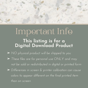 K&ouml;nnte beinhalten: Eine digitale Produktanzeige mit dem Text &bdquo;Wichtige Informationen&ldquo; und &bdquo;Digitaler Download-Produkt&ldquo;. In der Anzeige steht, dass kein physisches Produkt versendet wird und die Dateien nur f&uuml;r den pers&ouml;nlichen Gebrauch bestimmt sind. Der Hintergrund ist ein gesprenkeltes, cremefarbenes und gr&uuml;nes Muster.