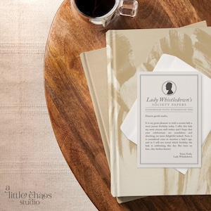May include: A close-up of a vintage-style announcement card with the text "Lady Whistledown's Society Papers" in a black and white font. The card is on a wooden table with a cup of coffee and a book.