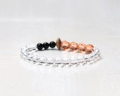 POLAR Bracelet** clear quartz stone beads – black Onyx beads – bohemian stacking bracelet – copper faceted glass beads – Beechwood  – Mala