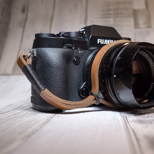 Leather Camera Wrist Strap. Black on Tan image 1