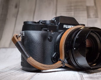 Leather Camera Wrist Strap.  Black on Tan