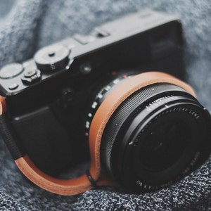 Leather Camera Wrist Strap. Black on Tan image 2