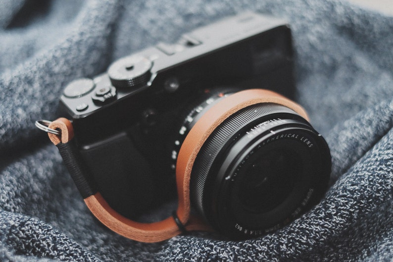 Leather Camera Wrist Strap. Black on Tan image 2