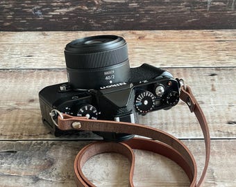Short Antique Brown Leather Camera Strap, Film and Mirrorless Cameras