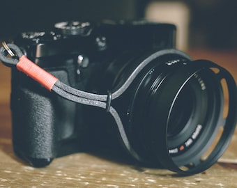 Red on Black Leather Camera Wrist Strap: Retro Vintage Style