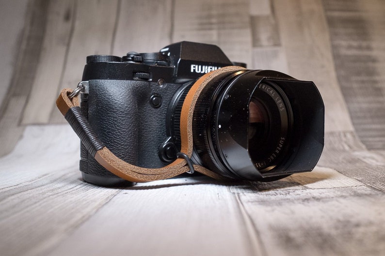 Leather Camera Wrist Strap. Black on Tan image 1