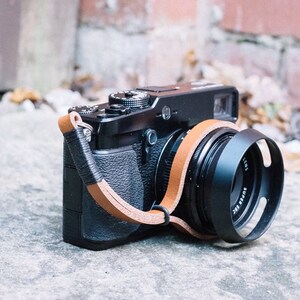 Leather Camera Wrist Strap. Black on Tan image 5