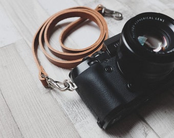 Leather Camera Strap with Quick Release Snaps, Tan Leather Neck Strap, Thin Leather Camera Strap, DSLR Leather Camera Strap