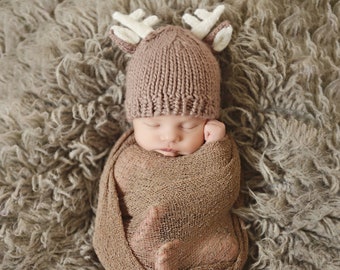 Hand-Knit Deer Hat with White Antlers | Baby and Kids Beanie | Photo Prop