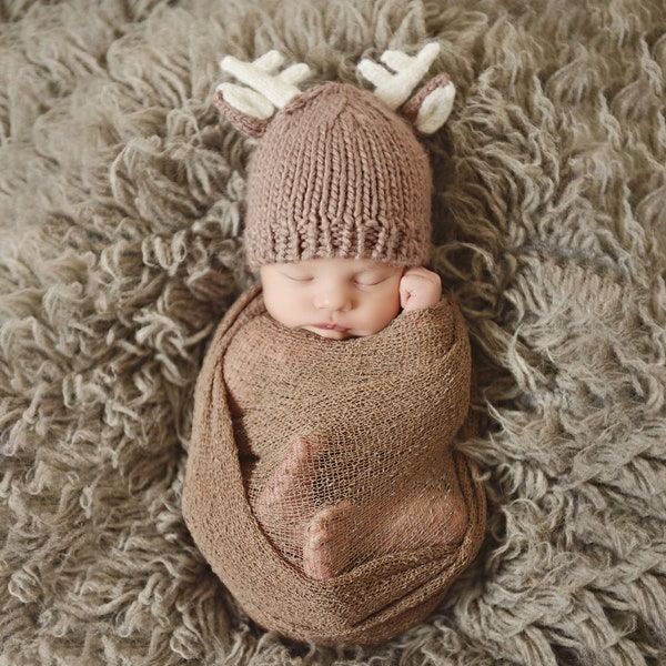 Hand-Knit Deer Hat with White Antlers | Baby and Kids Beanie | Photo Prop