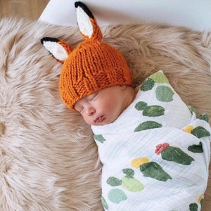 Fox Hat in Orange with White and Black Ears Hand-Knit for Baby and Child, Photo Prop and Gift