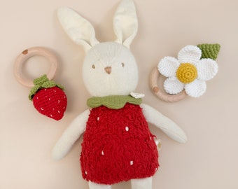 Bailey Bunny Strawberry Plushie Toy Organic Cotton Baby Gift Handmade Stuffed Animal with Crochet Flower Embroidered Sherpa and Knit
