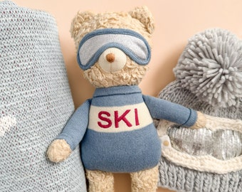 Benjamin Ski Bear Plushie Toy Organic Cotton Baby Gift Handmade Stuffed Animal with Sherpa and Knit