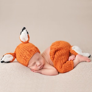 Fox Hat and Pants Set in Orange with White and Black Ears and Tail Hand-Knit for Newborns, Photo Prop and Gift