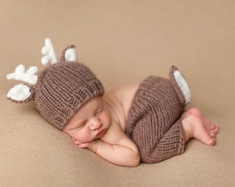 Deer Newborn Hat and Pants Knit Set Tan White Antlers and Tail, Photo Prop Gift