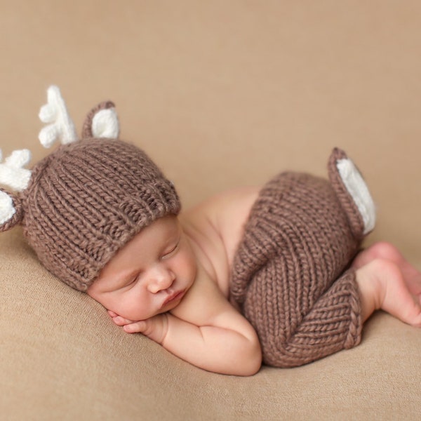 Deer Newborn Hat and Pants Knit Set Tan White Antlers and Tail, Photo Prop Gift