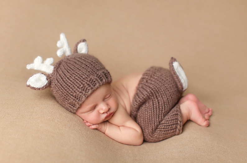 Deer Newborn Hat and Pants Knit Set Tan with White Antlers and Tail, Photo Prop 