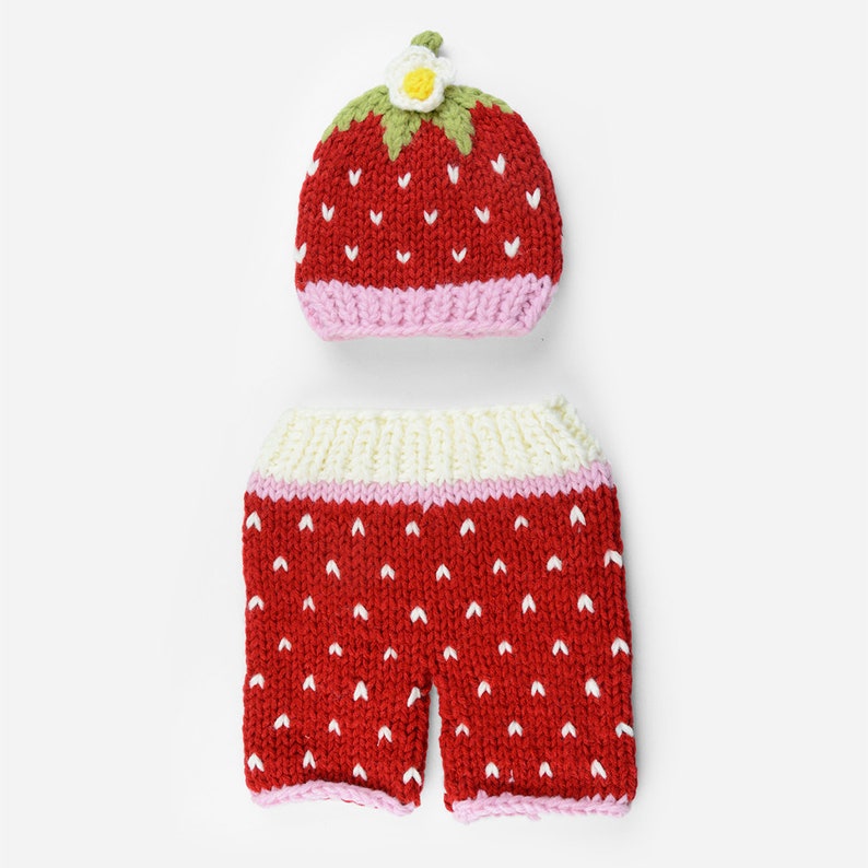 Strawberry Hat and Pants Hand-Knit Set for Newborns in Red with White Flower, Photography Prop and Gift image 2