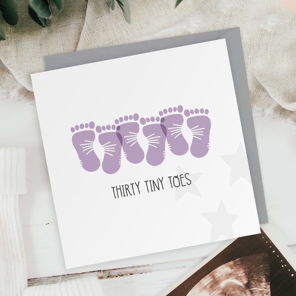 Thirty Tiny Toes - Three Girls - New Baby Triplets Footprints Greeting Card - Baby Shower