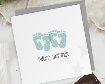 Twenty Tiny Toes - Boys - New Baby Twins Footprints Greeting Card - Baby Shower