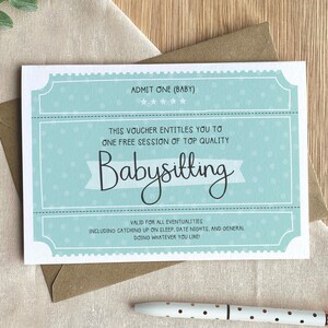 Bon babysitting - carte de voeux pour nouveau bébé ou premier anniversaire - version baby shower bleu