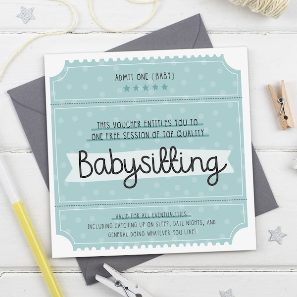 Babysitting Voucher Card - New Baby or First Birthday Greeting Card - Baby Shower Blue version