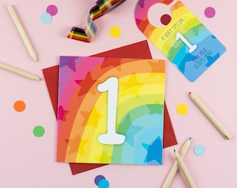 One year old rainbow brights baby birthday card with Cut-Out Crafty Activity