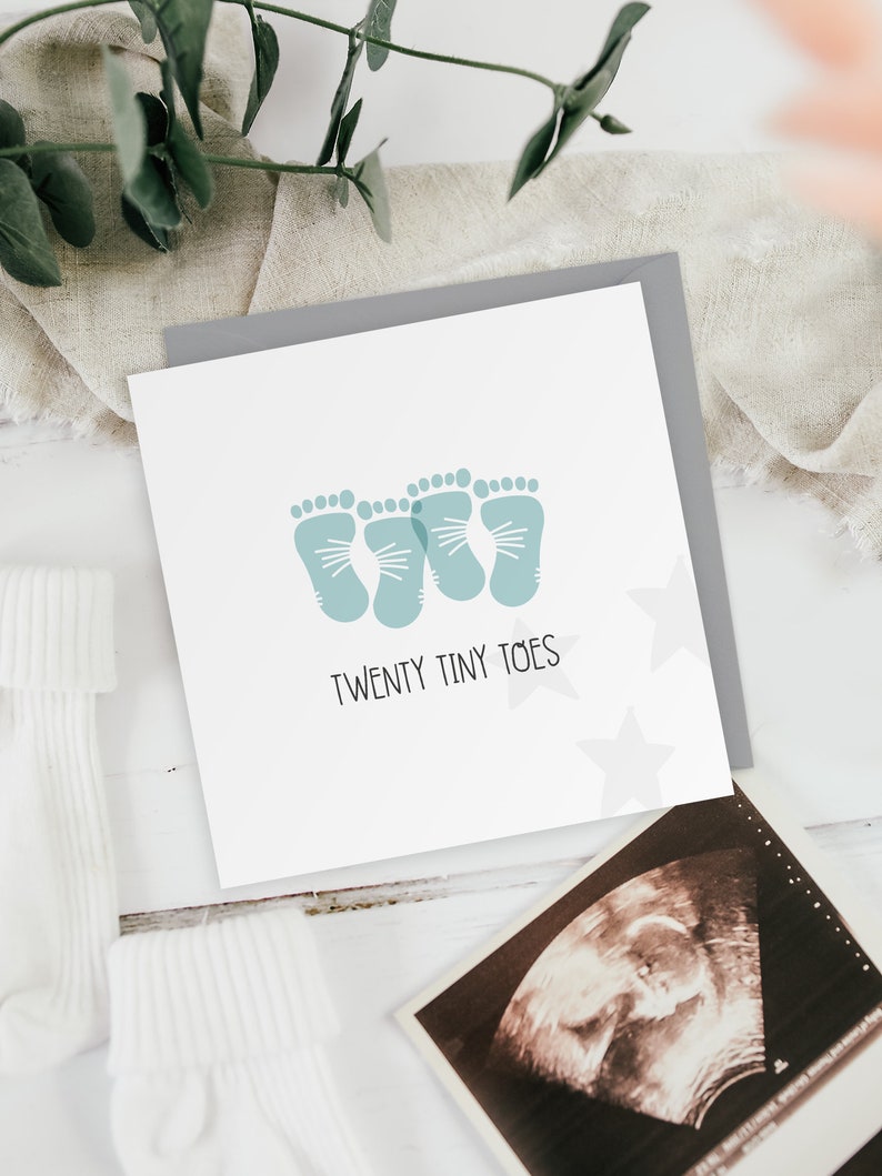 Twenty Tiny Toes Boys New Baby Twins Footprints Greeting Card Baby Shower image 1