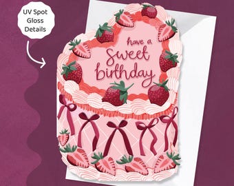 Sweet Birthday - Heart Vintage Cake Shaped Greeting Card with Bows and Strawberries