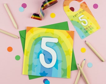 Five year old rainbow brights baby birthday card with Cut-Out Crafty Activity