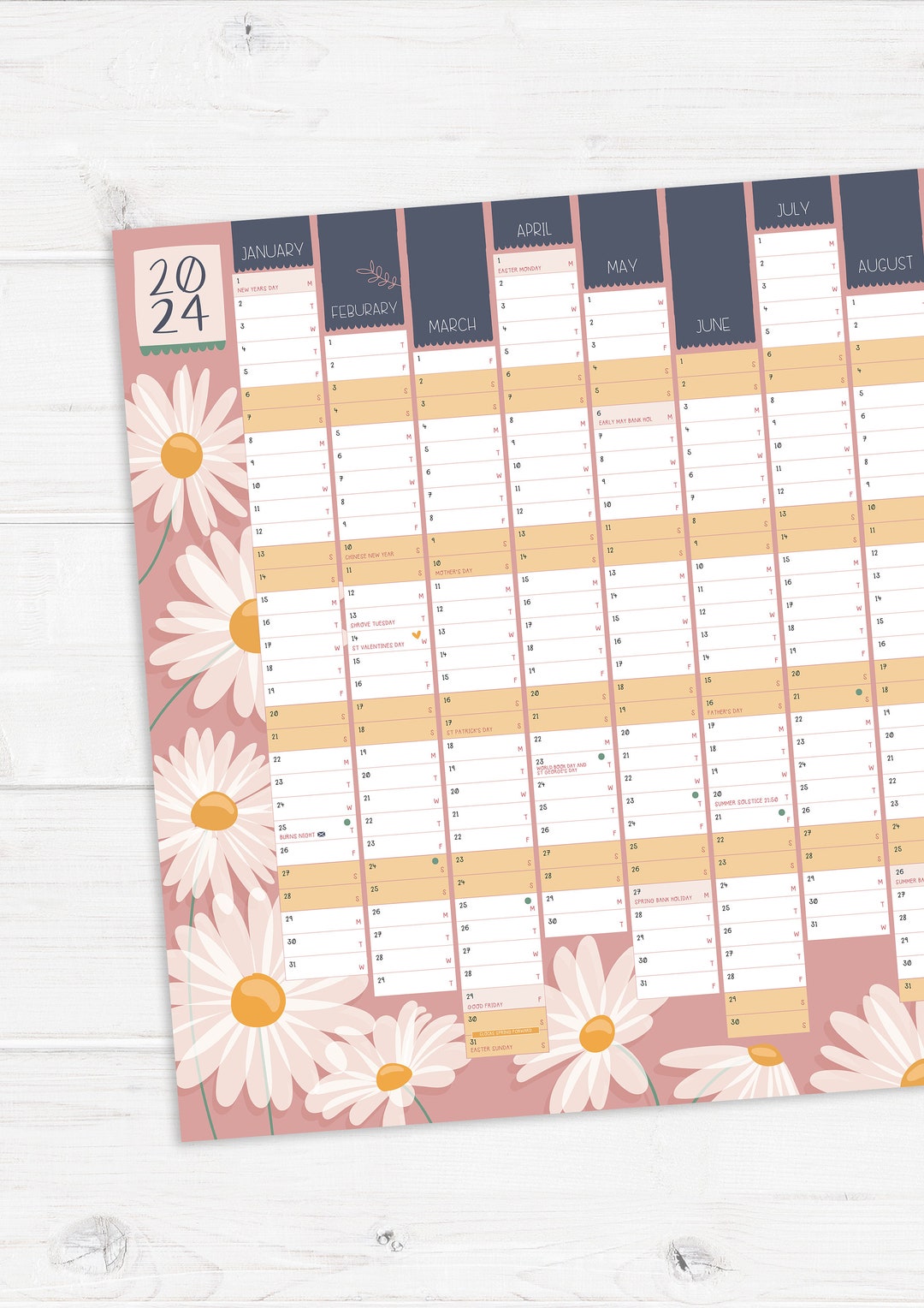 2024 Wall Planner Daisy Floral Calendar - Etsy
