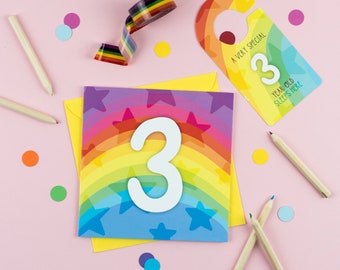 Three year old rainbow brights baby birthday card with Cut-Out Crafty Activity