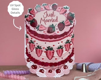 Just Married - Vintage Wedding Strawberry Fruit Cake Shaped Greeting Card
