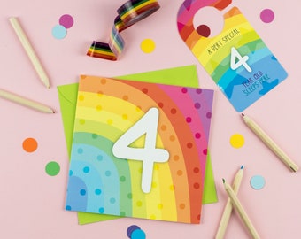 Four year old rainbow brights baby birthday card with Cut-Out Crafty Activity