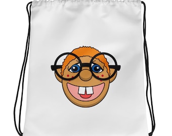 Drawstring bag with Jonatin puppet face illustration