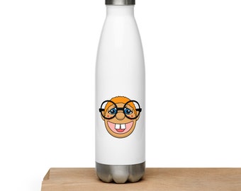 Stainless steel water bottle with Jonatin puppet face illustration