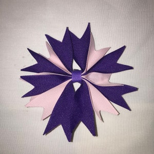 May include: A purple and pink bow with a starburst design. The bow is made of ribbon and has a center loop.