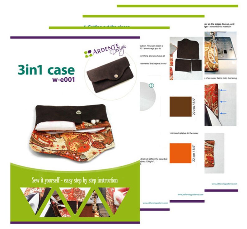 May include: A brown and patterned fabric case with a flap and a button closure. The case is open to reveal a white fabric lining and a small white object. The text "3in1 case w-e001" is printed on the front of the case. The text "Sew it yourself - easy step by step instruction" is printed below the case.