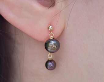 Black Tahitian Pearl Ear Jackets: 9ct Solid Gold Front to Back Double Drops