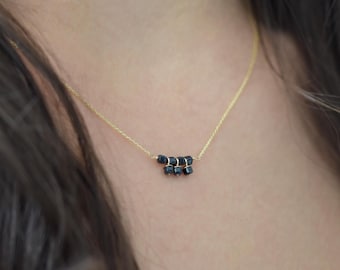 9ct Recycled Gold Sapphire Necklace: Spinel Cube Pendant, Minimalist Fine Jewellery