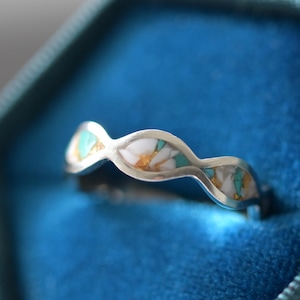 Marquise Inlay Ring, Recycled Sterling Silver, Unisex Lathe Ring, Genuine Gemstone Inlay, Marquise Band Inlay