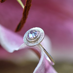 Natural Amethyst Halo Ring: Sterling Silver Reverse Set Band, Alternative Engagement Jewellery