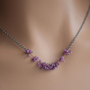 Genuine Ruby Vine Necklace: Mixed Metal 9ct Gold & Oxidised Sterling Silver Cluster