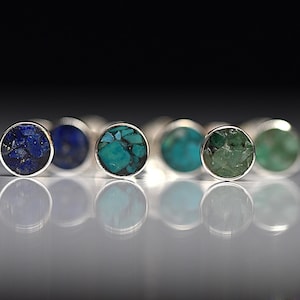 Gemstone Inlay Stud Earrings - Sterling Silver with Lapis Lazuli & Emerald